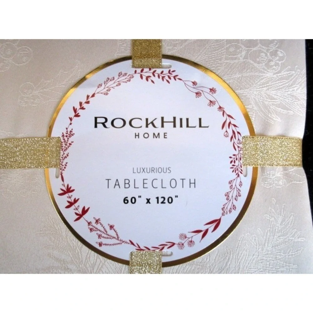 NWT‎ Rockhill Home Luxurious Tablecloth 60x120 Linen Poinsettias Holly Berries